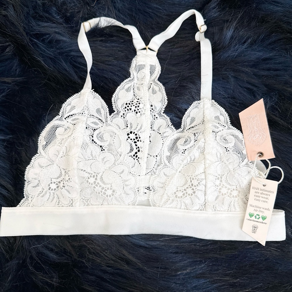 Ivory Lace Racerback Bralette with Floral Detail